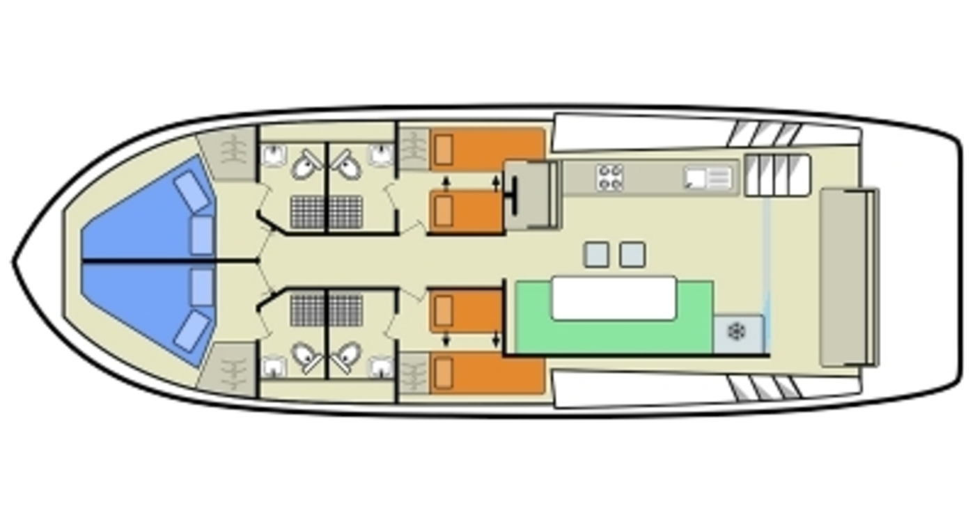 Plan du Horizon 4 avec quatre cabines et quatre salles d’eau